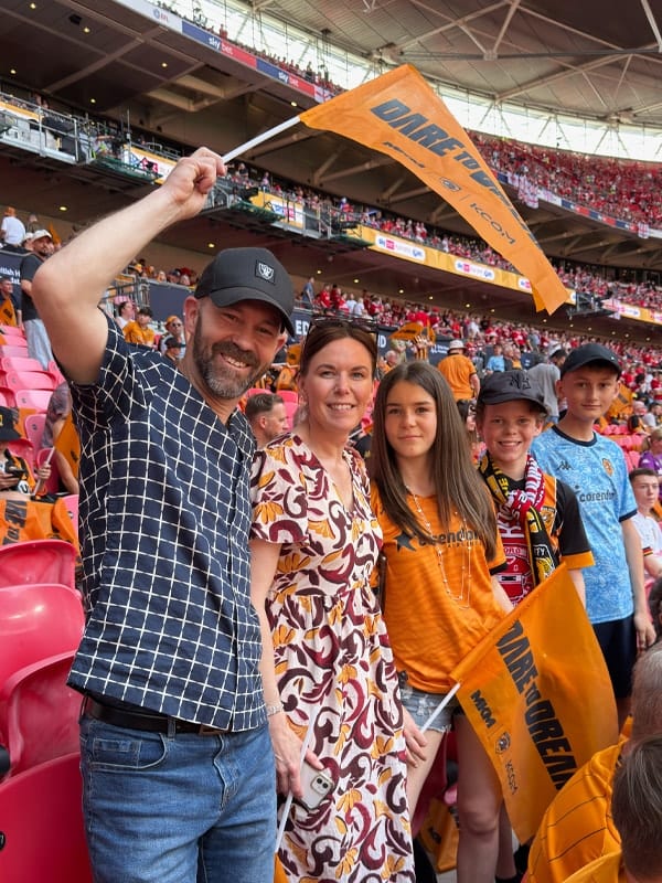 Carl Morris celebrating Hull City's famous 1-0 win over Middlesbrough in the Championship play-off final, 2026